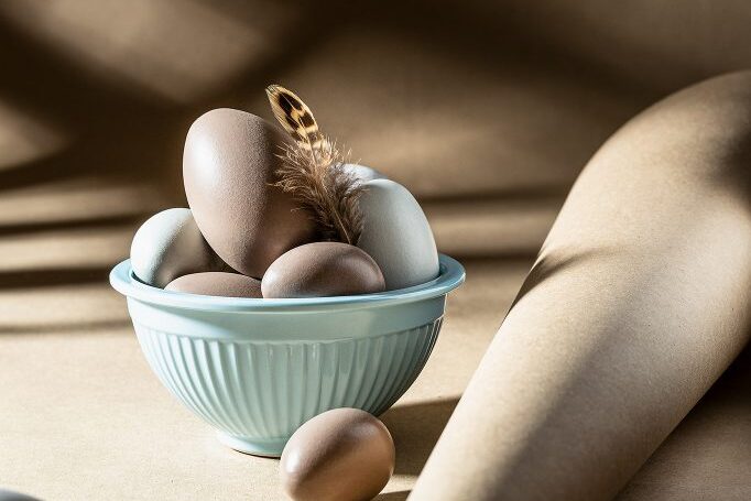 Bildet viser en liten blå bolle med flere brun- og blåfargede egg. Blant eggene ligger en liten brun fjær, som legger til en naturlig og rustikk følelse. Det er en rolig og enkel komposisjon med en følelse av sjarm.